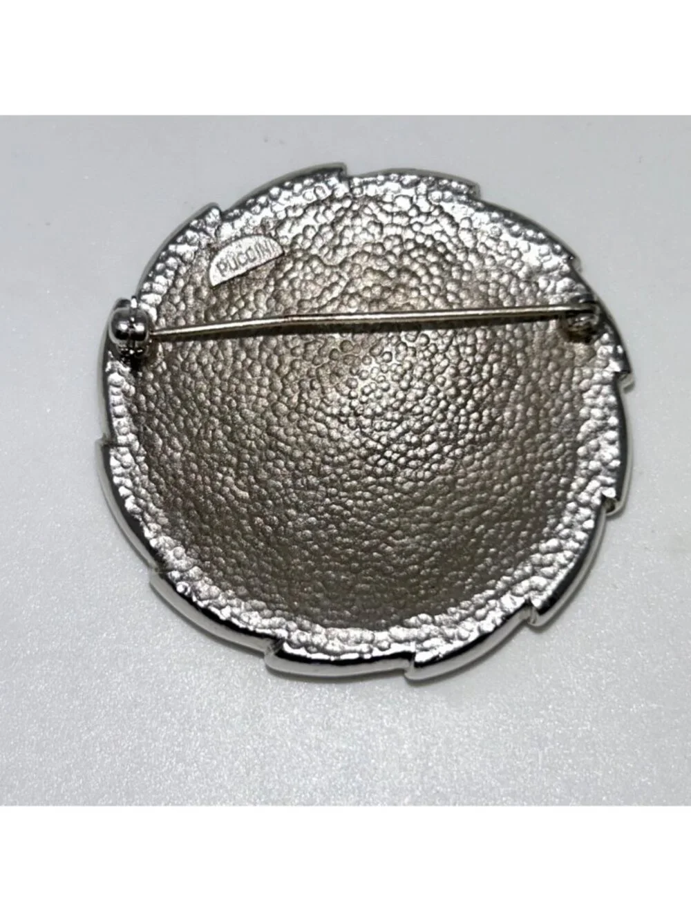 Vintage Puccini Silver-Tone Round Brooch With Textured White Center Statement